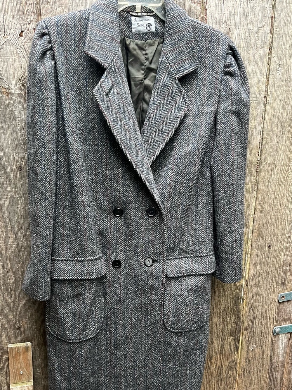 International Scene Gray Herringbone Double-Breasted Wool Coat